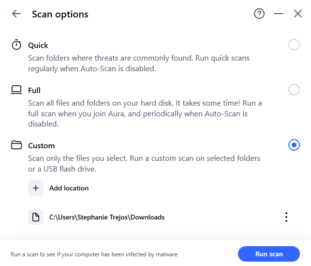 Aura Antivirus lsit of scan options
