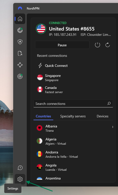 Open NordVPN and select Settings