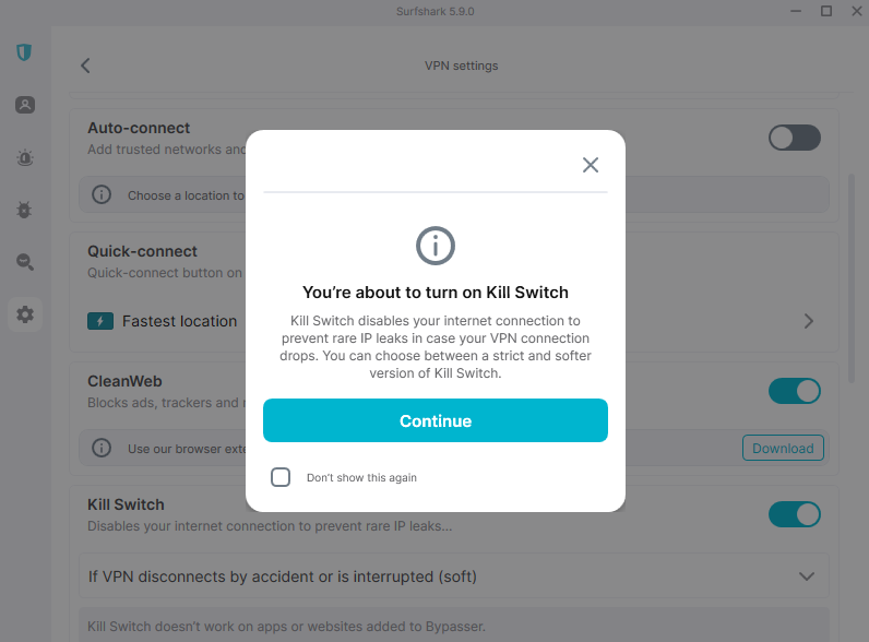 Surfshark VPN Kill Switch feature