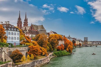 River Rhine in Basel with Panorama of city