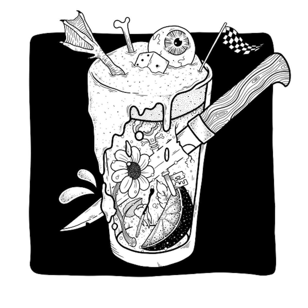 Cocktail glass with a knife through it