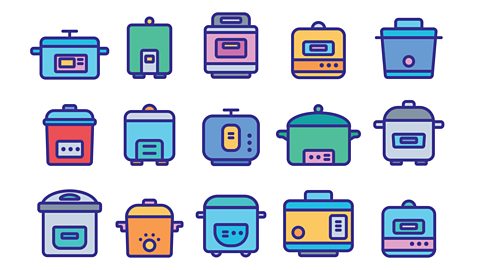 A colourful illustration of lots of slow cookers