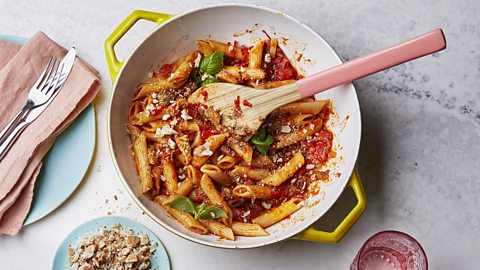 Pasta with spicy sardine and tomato sauce and crispy pitta breadcrumbs