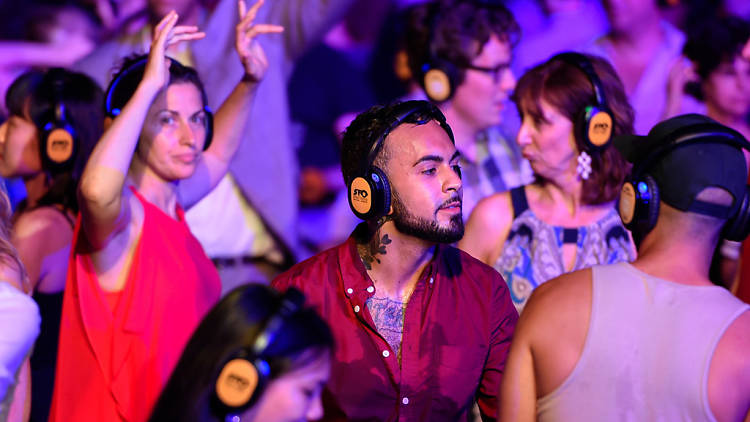 Party in headphones at a silent disco