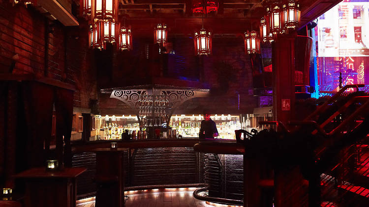 Metalwork, wood, lanterns and neon lights decor
