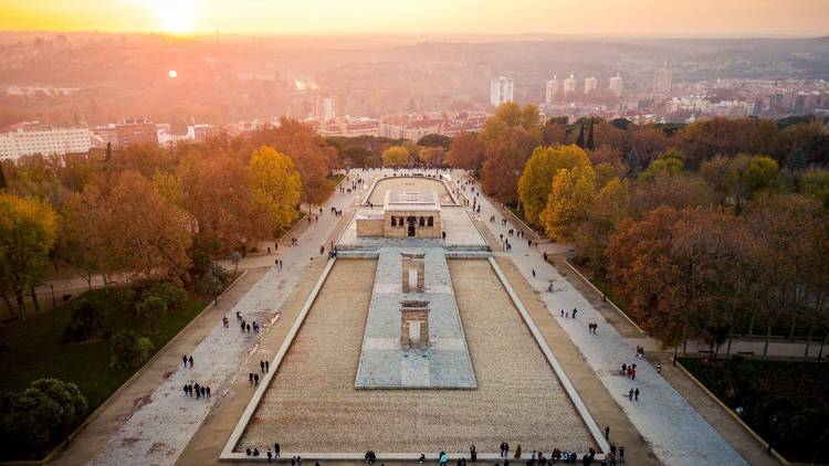 Aerial view of the Egyptian temple, Debod in Madrid, Spain