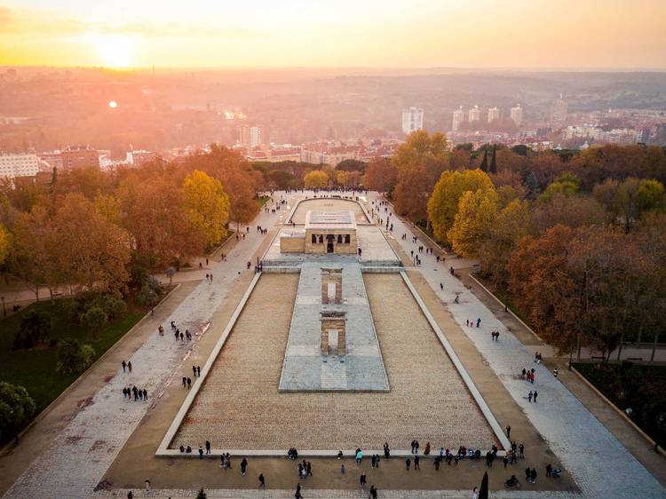 Aerial view of the Egyptian temple, Debod in Madrid, Spain