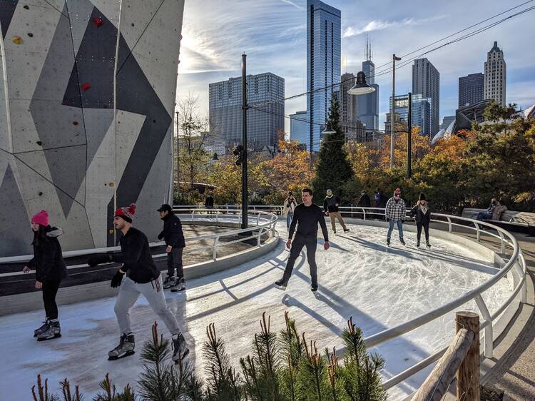 Slide around on an ice skating rink