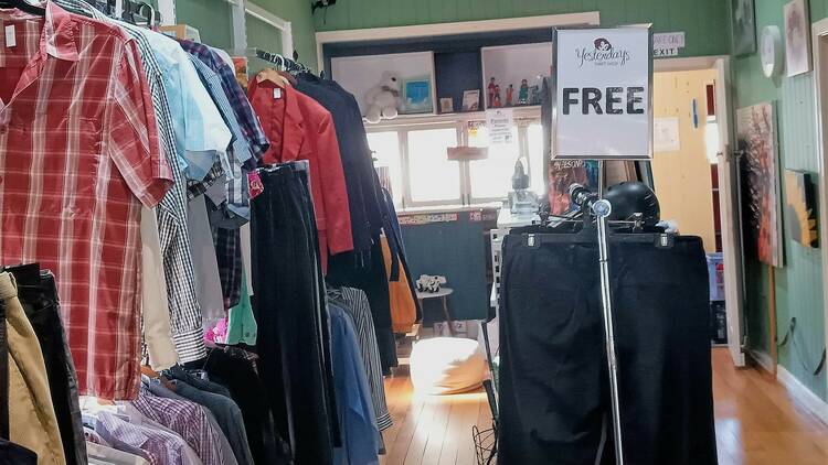 A rack of clothes at Yesterdays Thrift Shop Rosalie