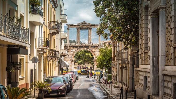 Street in Athens overlooking arch of Hadrian
