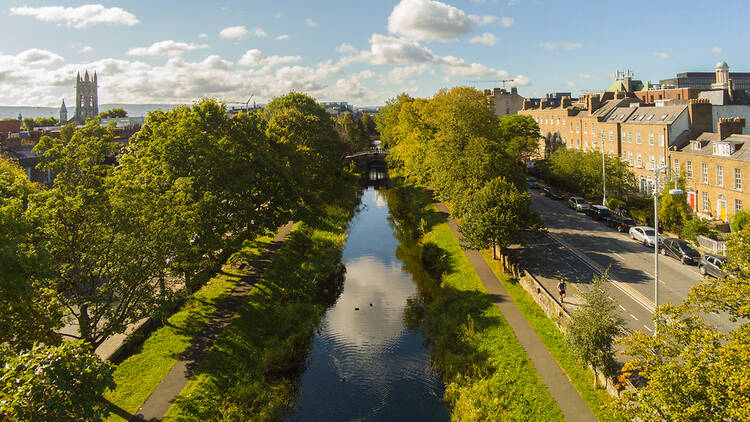 An aerial view of Dublin's tree-lined canal
