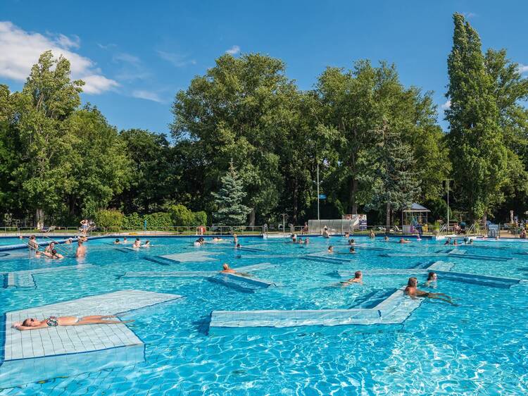 Budapest, Hungary. June 23, 2016: The Palatinus Baths in Budapest in Hungary on a sunny day. The Palatinus was opened in 1919, largest open air bath in Budapest.