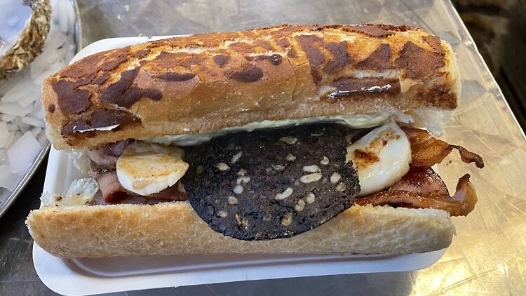 Bacon, scallop and black pudding roll at Epping Forest Oyster Shack