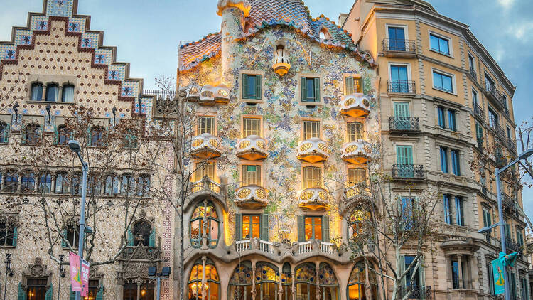 Exterior View of Casa Batllo during Sunset in Barcelona.