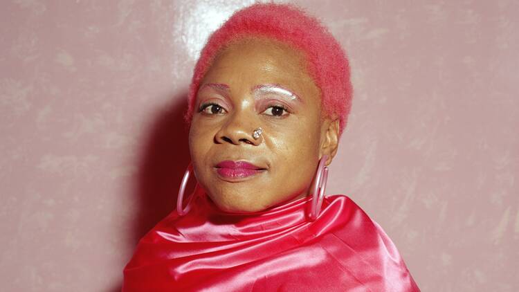 A photo of a woman with pink hair 