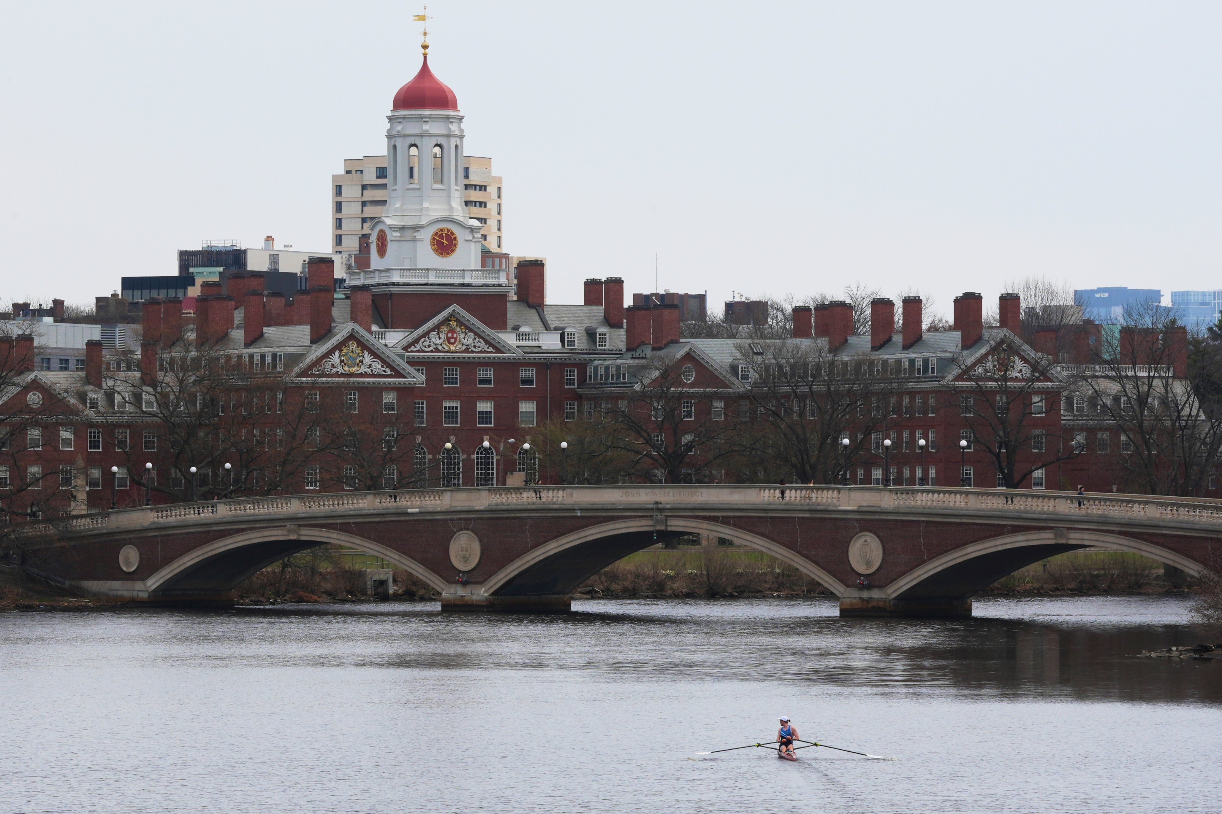 A sculler rows down the Charles River near Harvard University in Cambridge, Massachusetts